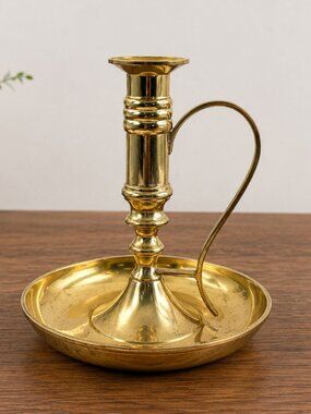 Vintage Brass Chamberstick Candle Holder Made in India 7.5” Handle Catch Tray